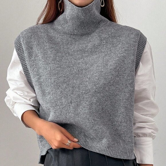 Grey Casual Womens Turtleneck Split Hem Sweater Vest - Picture 5 of 5